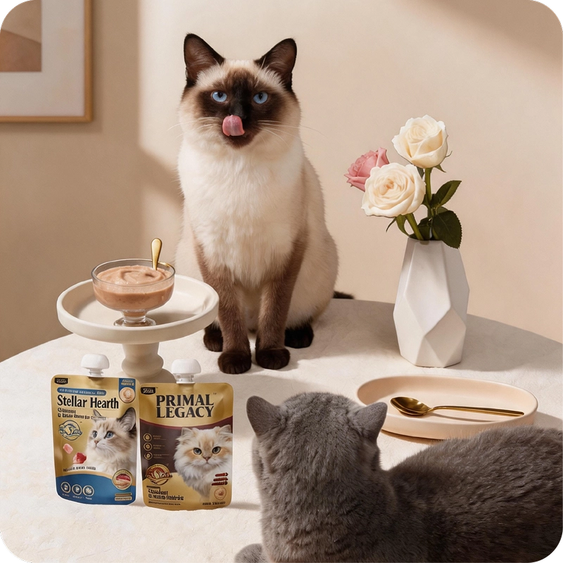 Cats beside FOODCHAIN Pocket Feast wet cat food pouches in a home dining setting