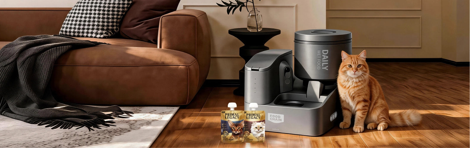 Cat beside FOODCHAIN Pocket Feast wet cat food pouches and YumShare Daily Feast Smart Robotic Feeder in a living room