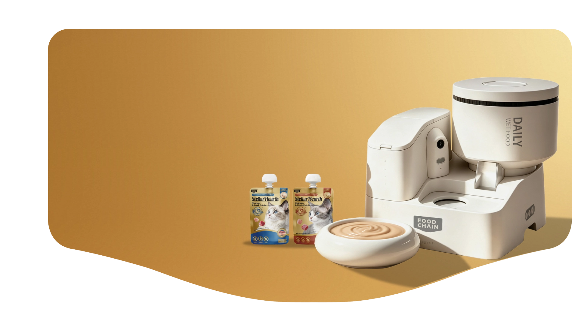 FOODCHAIN Star Kitchen Kit with YumShare Daily Feast Smart Robotic Feeder, Pocket Feast wet cat food pouches.