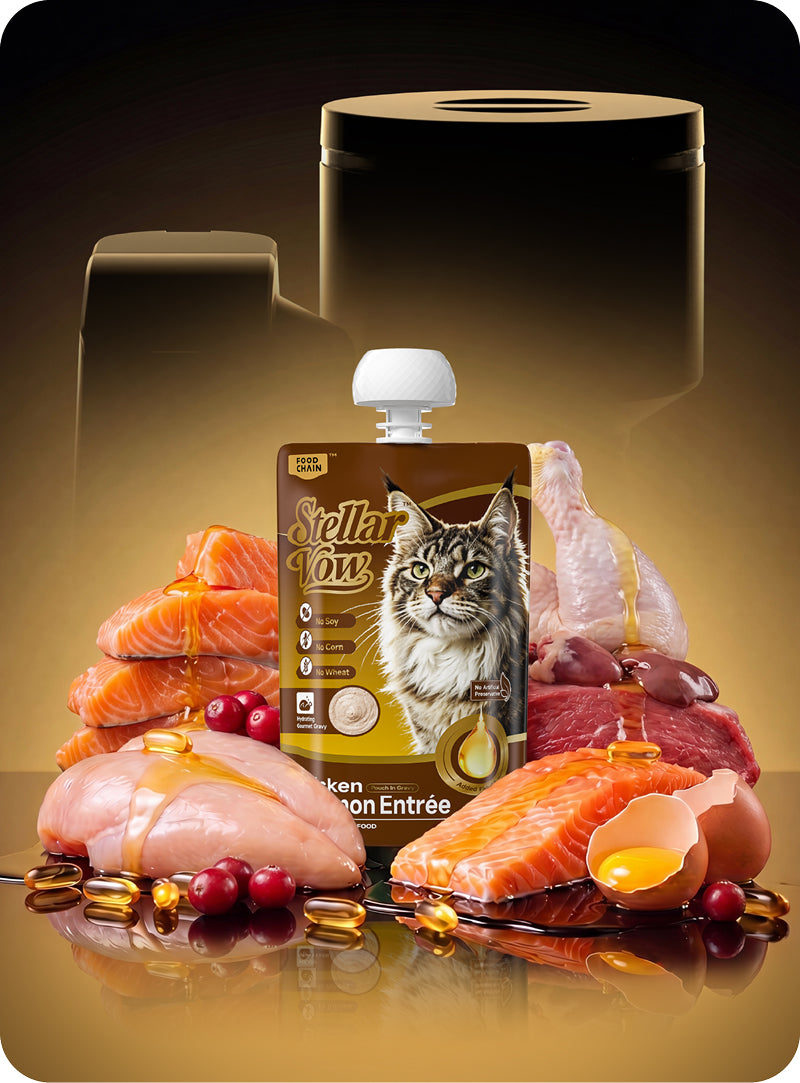 FOODCHAIN Stellar Vow Pocket Feast wet cat food pouch displayed with salmon, chicken, egg, cranberries, and other ingredients