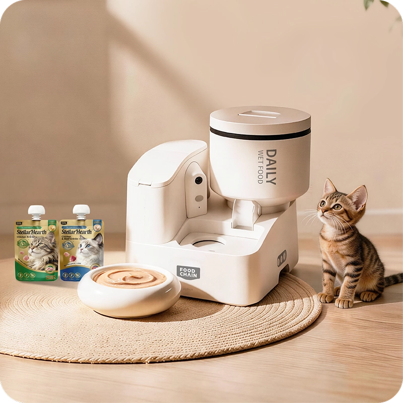 FOODCHAIN YumShare Daily Feast Smart Robotic Feeder with Pocket Feast wet cat food pouches and a cat