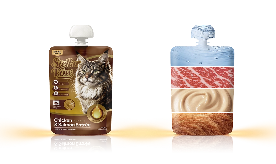 FOODCHAIN Stellar Vow Poacket Feast wet cat food highlighting hydration, protein density, aroma, and soft texture