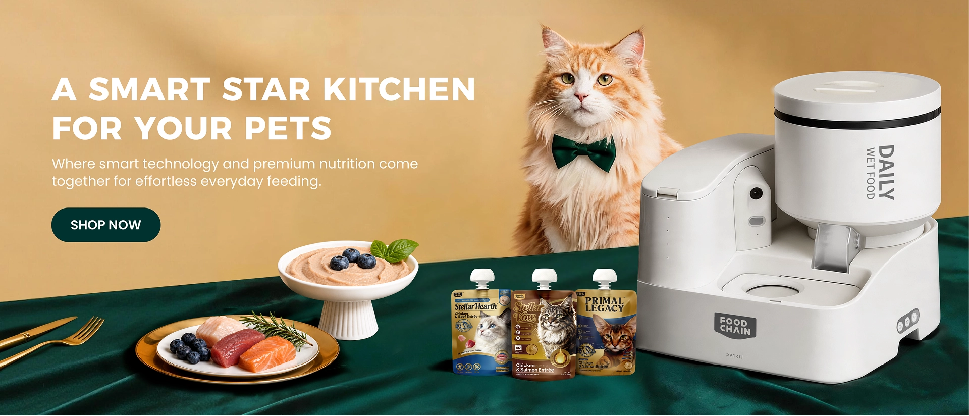 Cat beside FOODCHAIN wet cat food pouches and YumShare Daily Feast Smart Robotic Feeder on a dining table